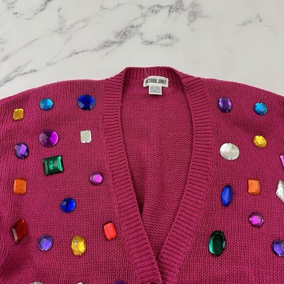 Victoria Jones Womens Vintage 80s Chunky Cardigan Sweater Size M Pink Gems - Picture 2 of 13